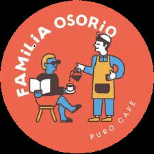 Circular logo for Familia Osorio Puro Cafe with illustrations of a person reading and another serving coffee.